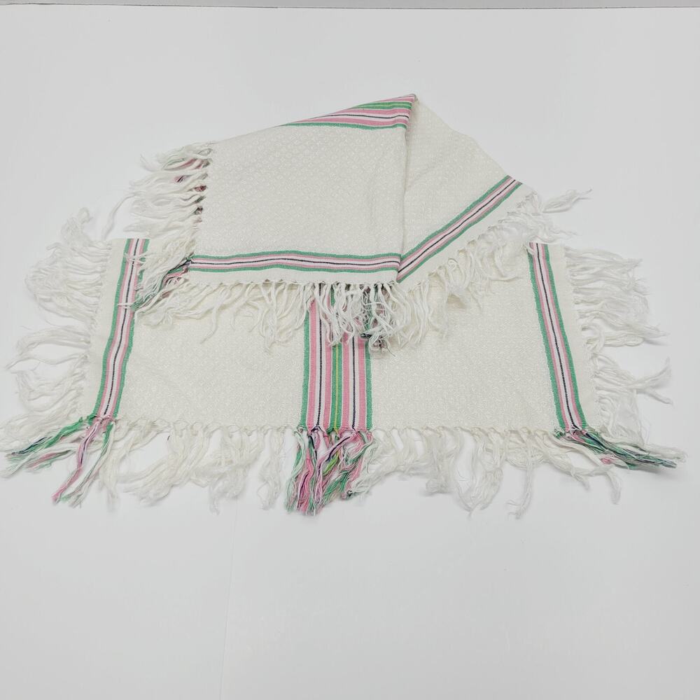 2 VTG White Diamond Texture Multi Stripe Fringed Napkins Green Pink Yellow Black